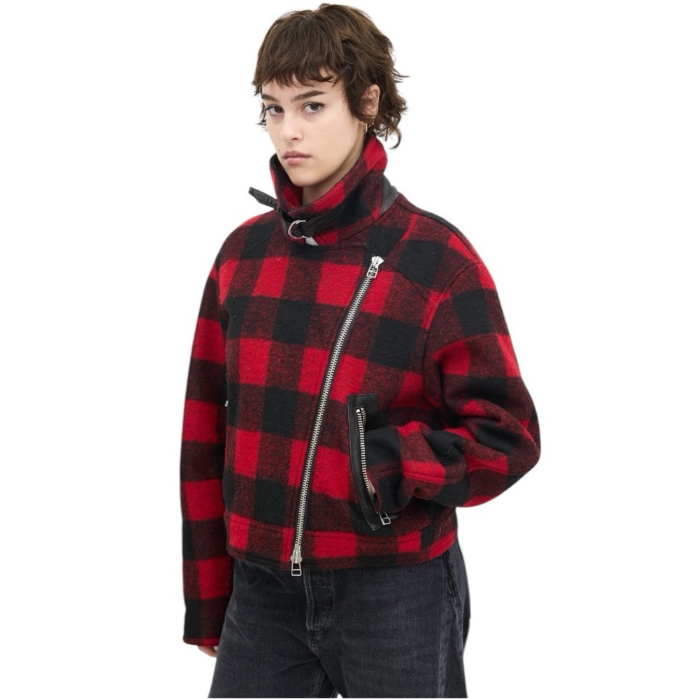 Veronica Beard Benni Buffalo Plaid Moto Jacket Red Black Sherpa Lined Small